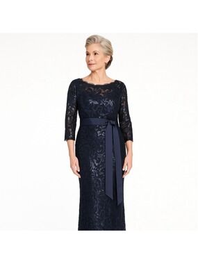 Tadashi Shoji Sequin Lace Evening Gown Navy Blue Size Large to XL